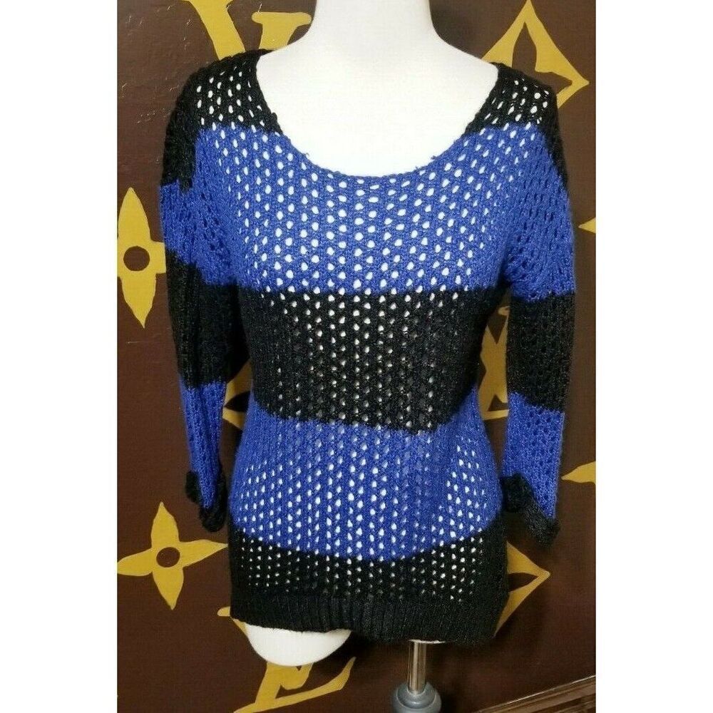 Pink Rose Striped Open Weave Long Sleeve Pull Over Tunic Sweater Size Large